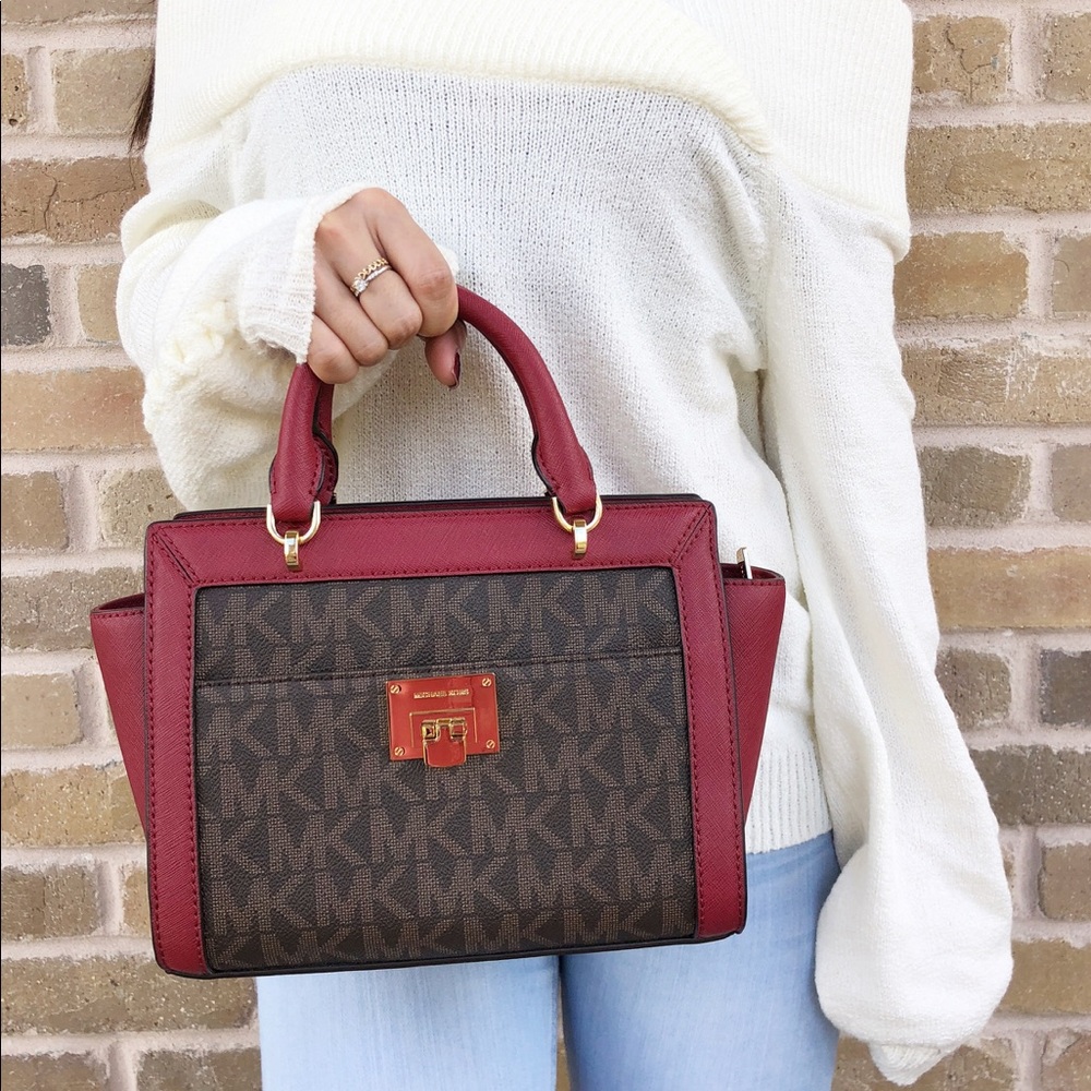 Michael Kors Tina Small Top Zip Satchel MK Cherry - Picture 2 of 6